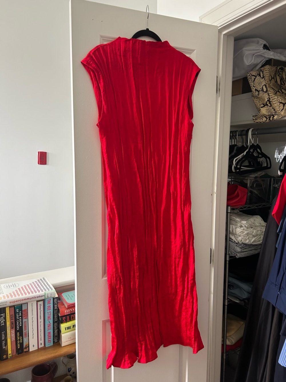 & Other Stories Red Crepe Pleated Midi Dress with High Neck, size medium - Picture 2 of 4